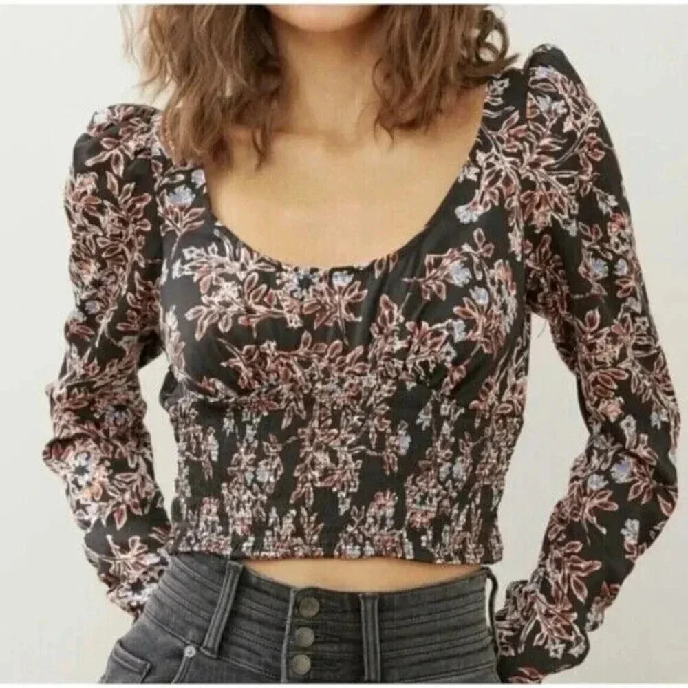 Free People Santiago Top Blouse Size Small Cropped Floral Puff Sleeve Boho Black